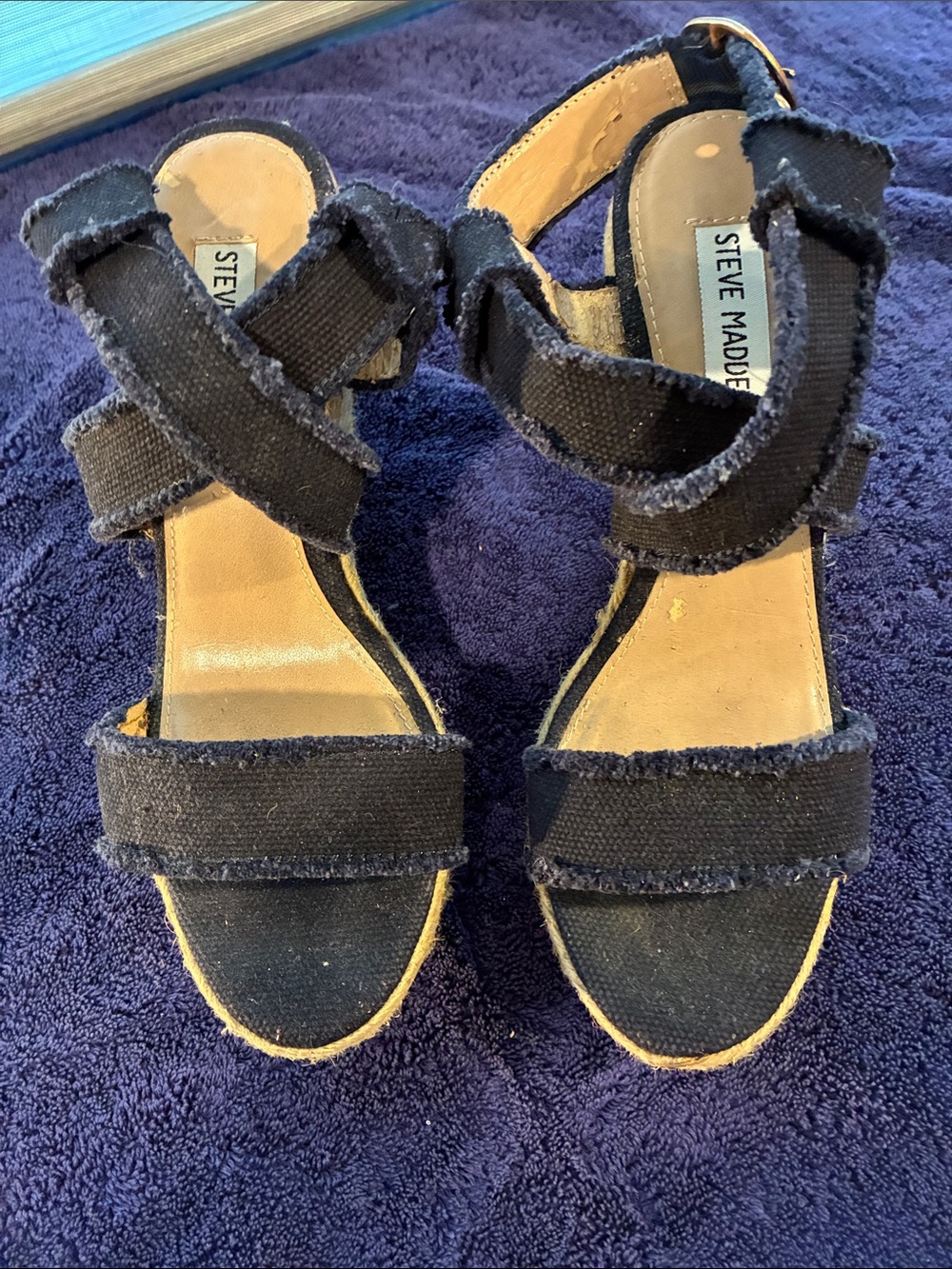 Steve Madden Navy Blue Frayed Strap Wedge Sandals